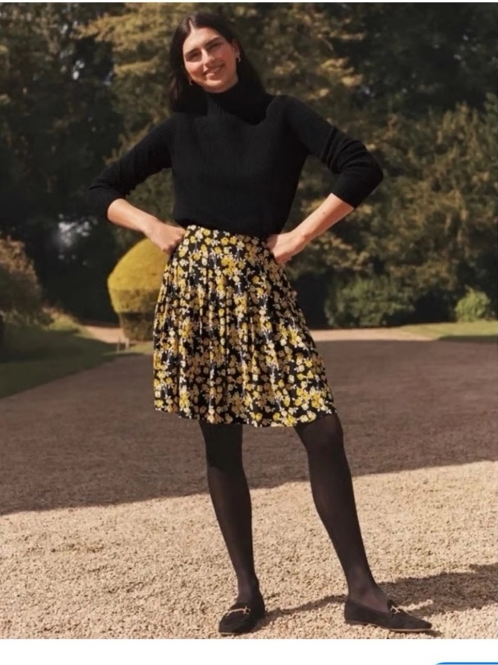 Boden Victoria pleated Black Midi Skirt with Yellow Floral Print